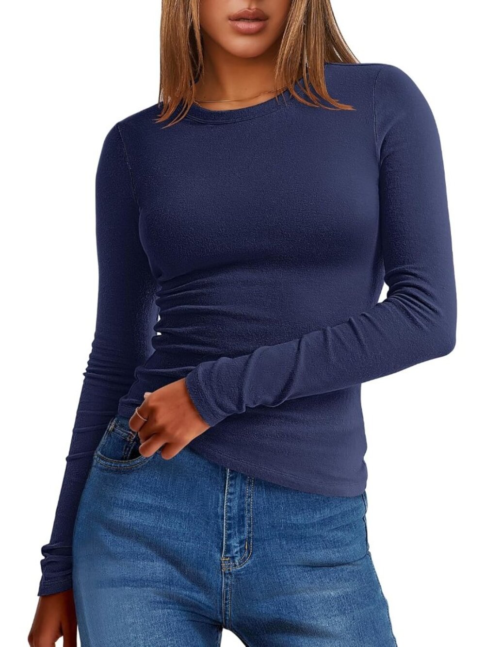 Women's Navy Blue Crew Neck Long Sleeve Slim Fitted Imported Tops Tee Shirts